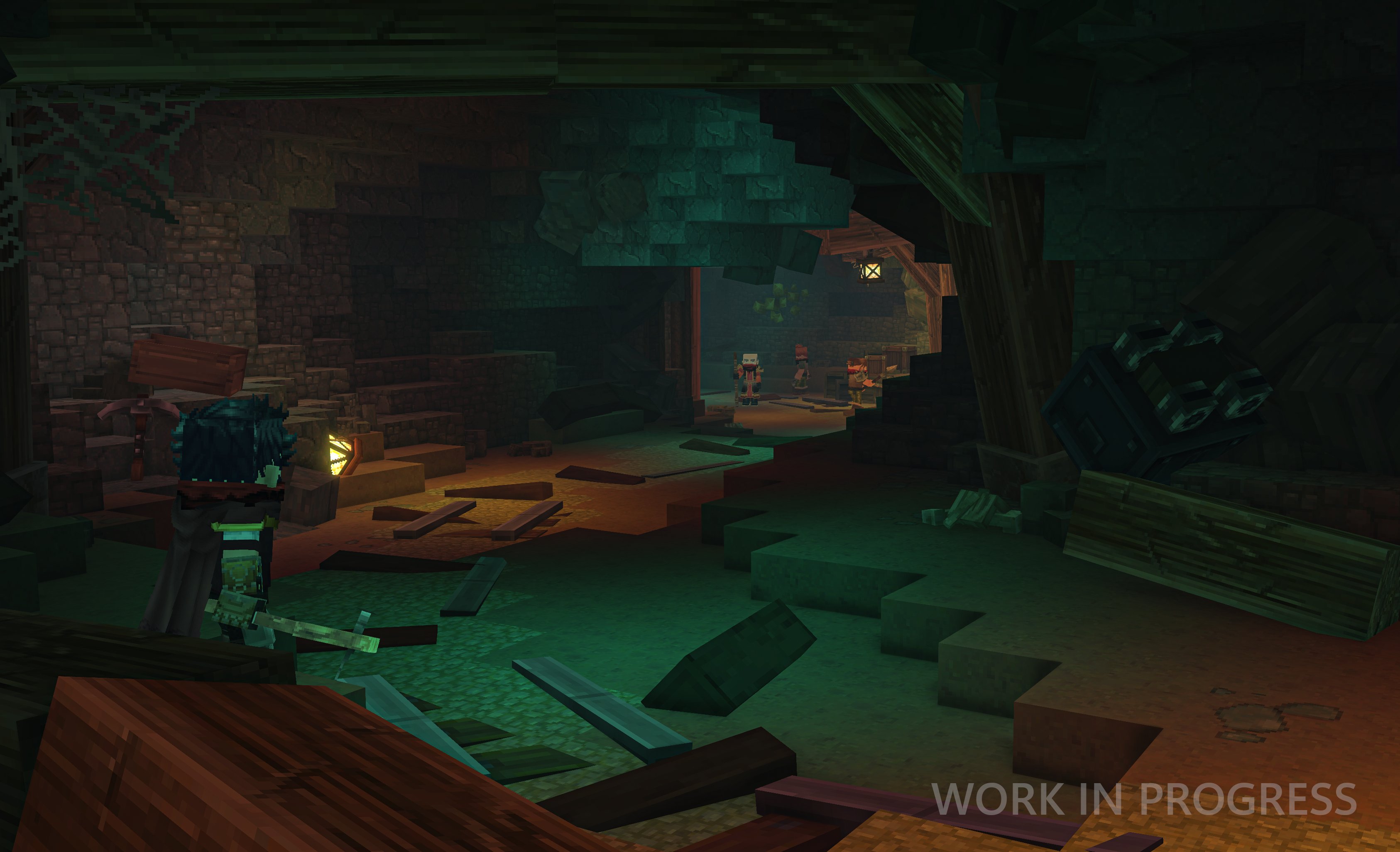 A player looking across a dark cavern toward Defias lookouts