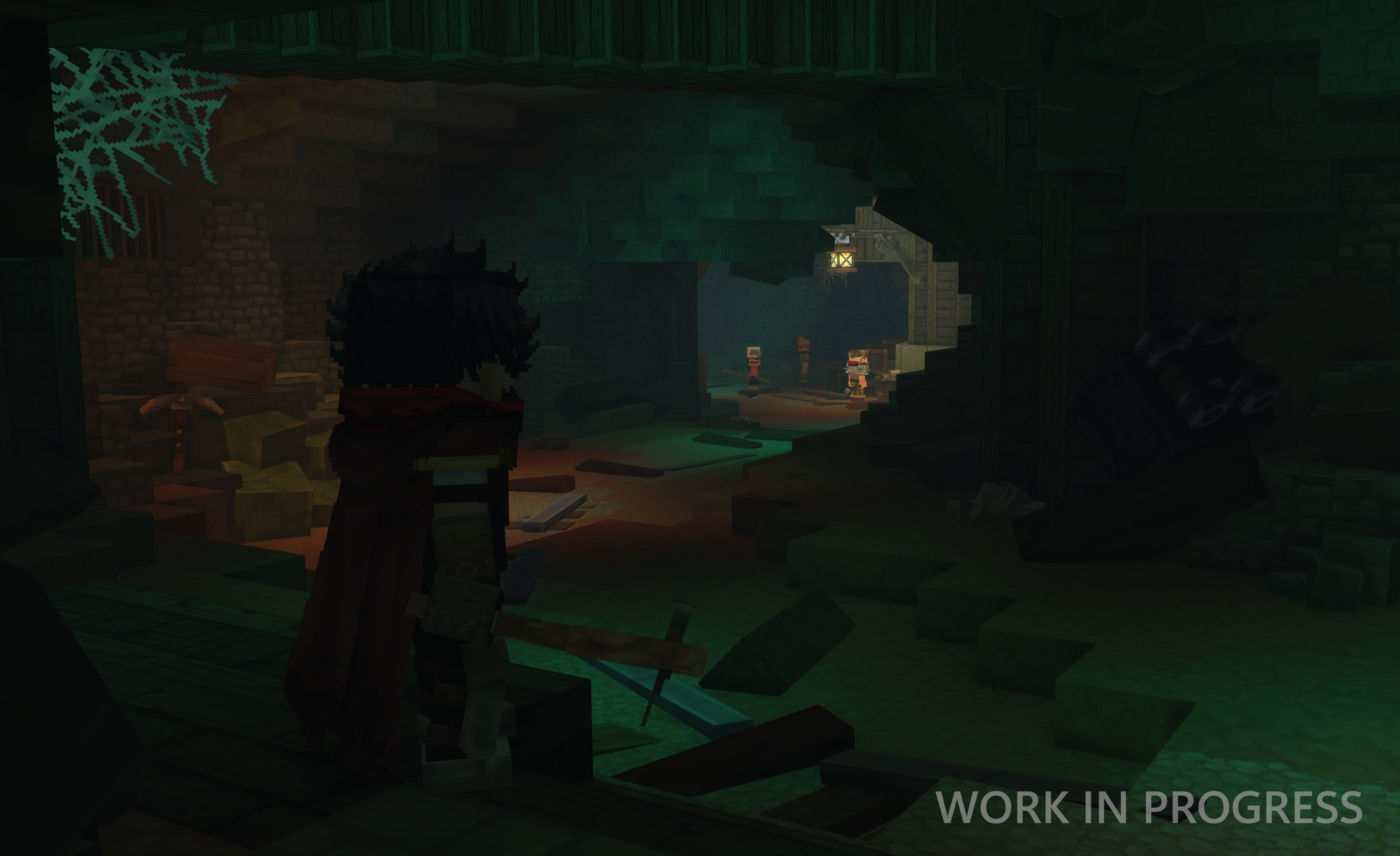 A cloaked character watching a lit doorway from the shadows