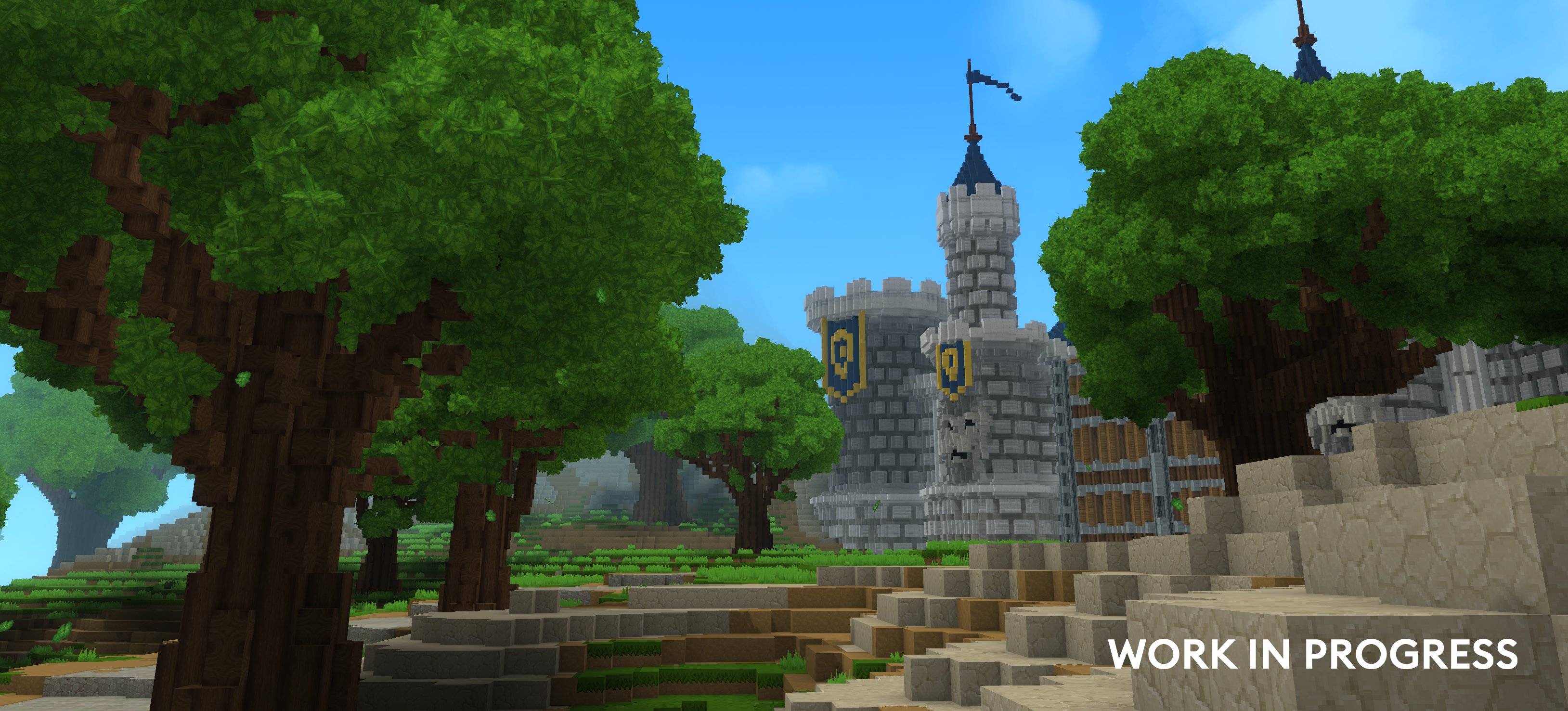 White castle towers with blue and gold banners rising above the trees